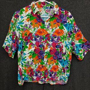 Handmade Vintage Blouse Womens L Multicolor Floral Art to Wear Boxy Crop 80s 90s
